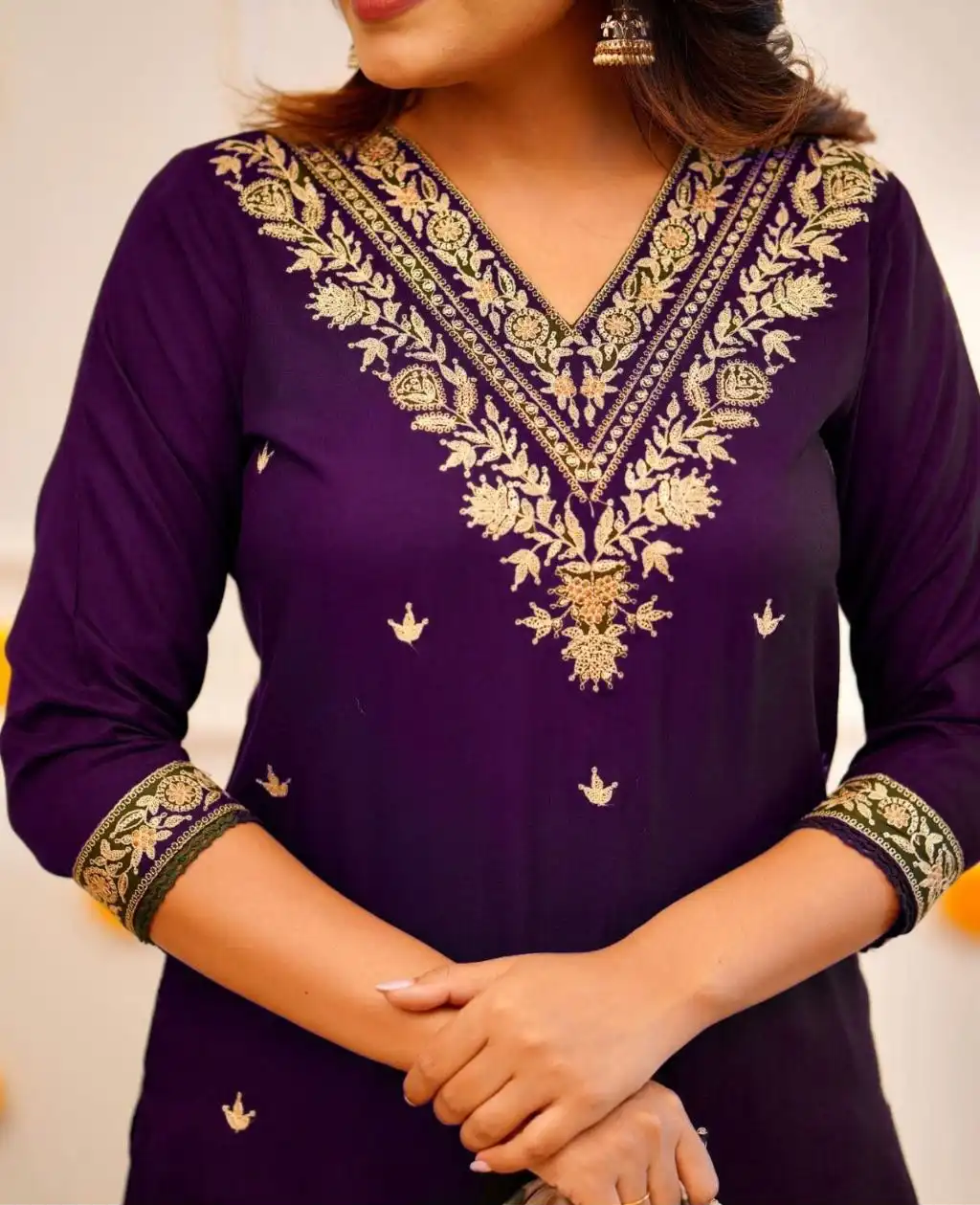 Royal Purple Silk Embroidered Kurta Set with Floral Organza Scalloped Dupatta