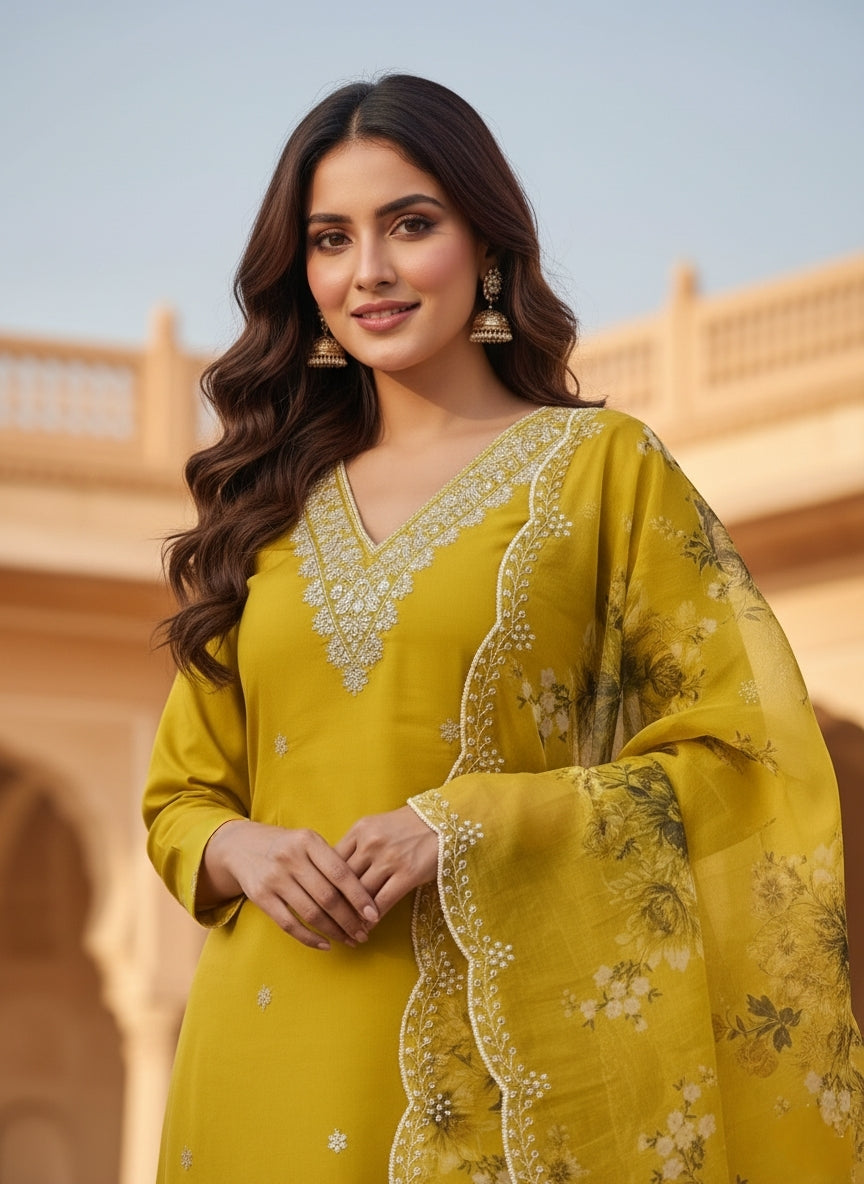 Elegant Silk V-Neck Kurta Set with Floral Print Organza Dupatta - 3 Piece Set