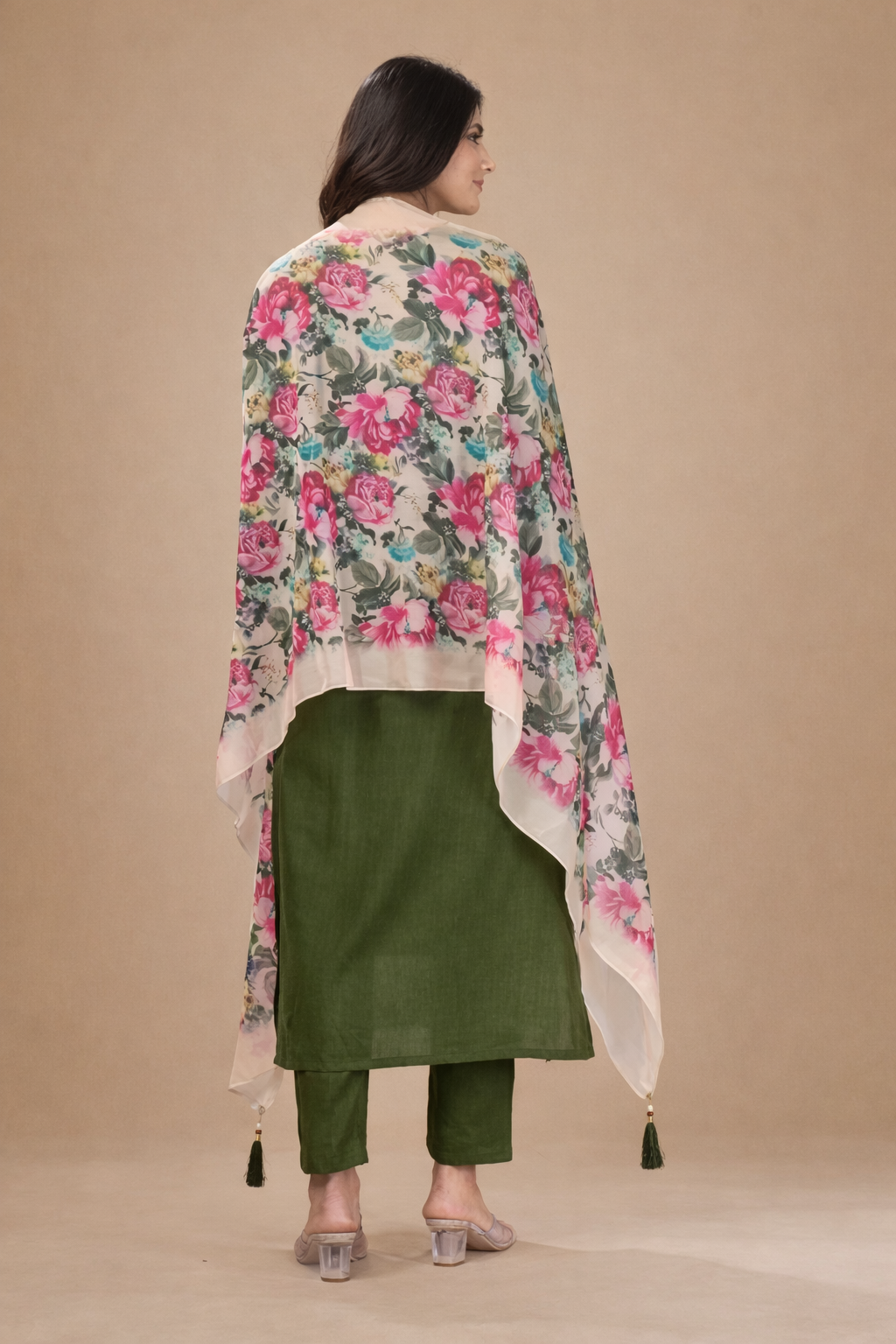 Olive Green Silk Kurta Set with Floral Embroidery and Digital Print Floral Organza Dupatta