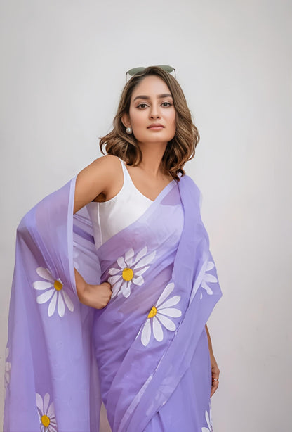 Hot Purple Organza Saree with Hand-Painted Daisy Florals and Tassel Details
