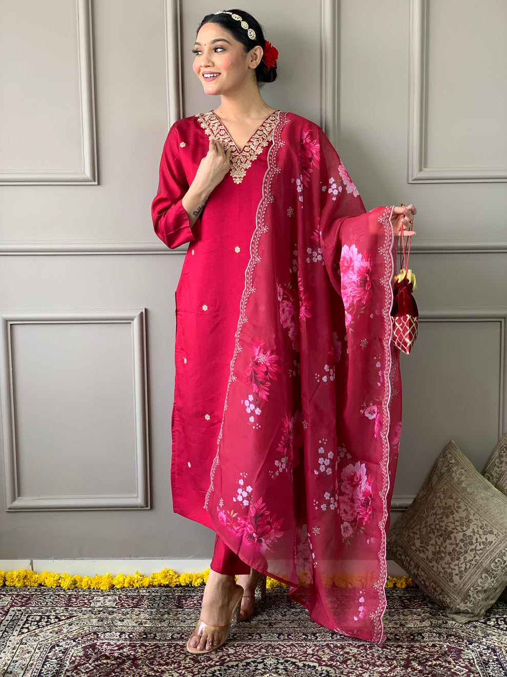 Elegant Rani Pink Festive Salwar Suit with Scalloped Floral Dupatta