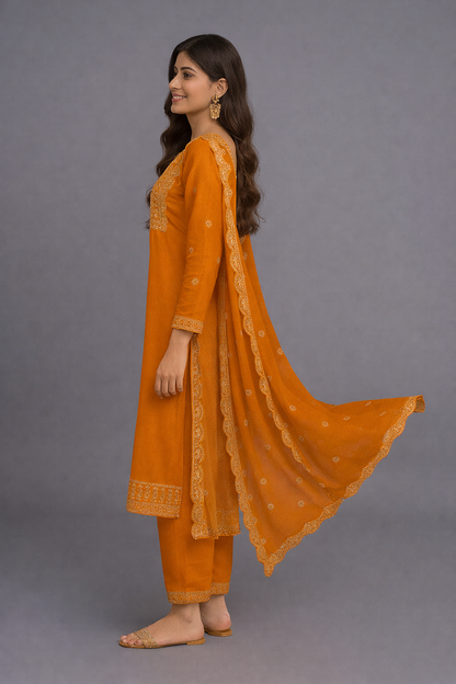 Mustard Yellow Silk Embroidered Salwar Kameez Set with Scalloped Dupatta – Vibrant Haldi Ceremony & Wedding Wear Suit