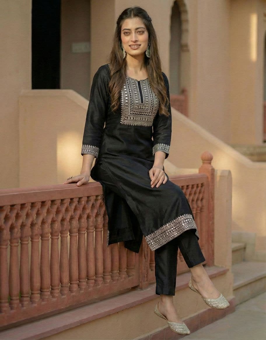 Women's Black Cotton Blend Embroidered Straight Kurta