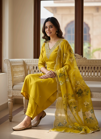 Elegant Silk V-Neck Kurta Set with Floral Print Organza Dupatta - 3 Piece Set
