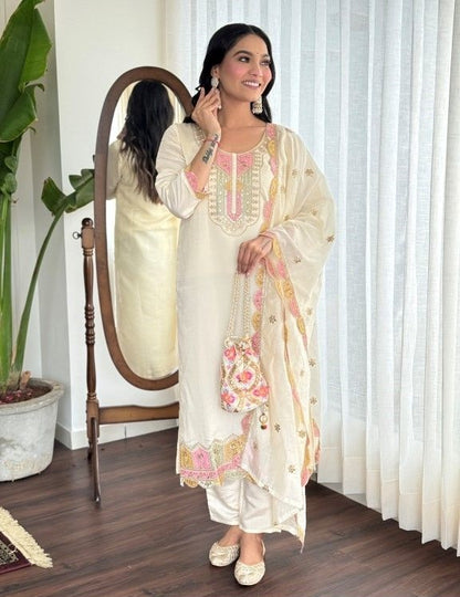 Off-White Chanderi Silk Salwar Suit Set with Pink Gota Patti Embroidery and Scalloped Dupatta