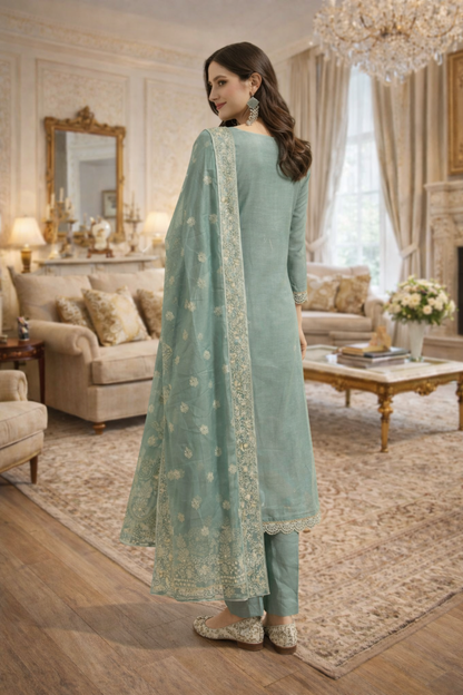 Seafoam Green Silk Blend Salwar Kameez with Intricate Lace V-Neck & Embroidered Organza Dupatta