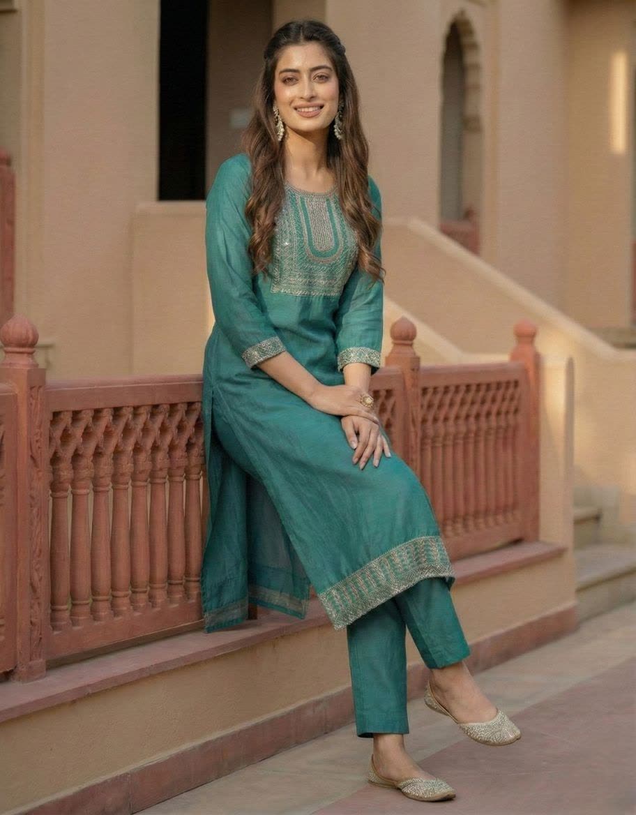 Women's Teal-Blue Cotton Blend Embroidered Straight Kurta