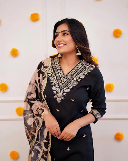 Jet Black Silk Embroidered Kurta Set with Floral Organza Scalloped Dupatta
