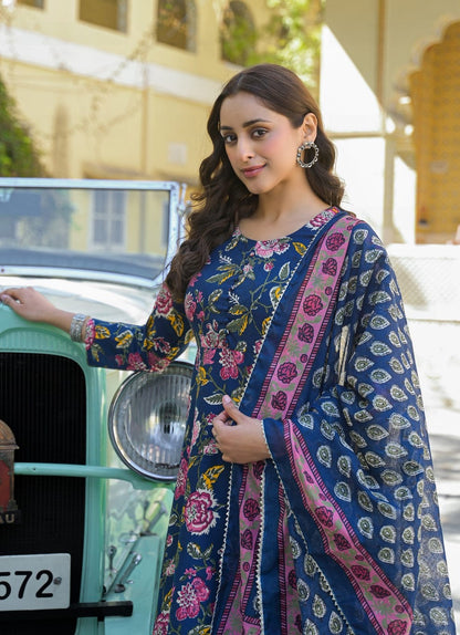 Women's Blue Embroidered Straight Suit Set with Trousers