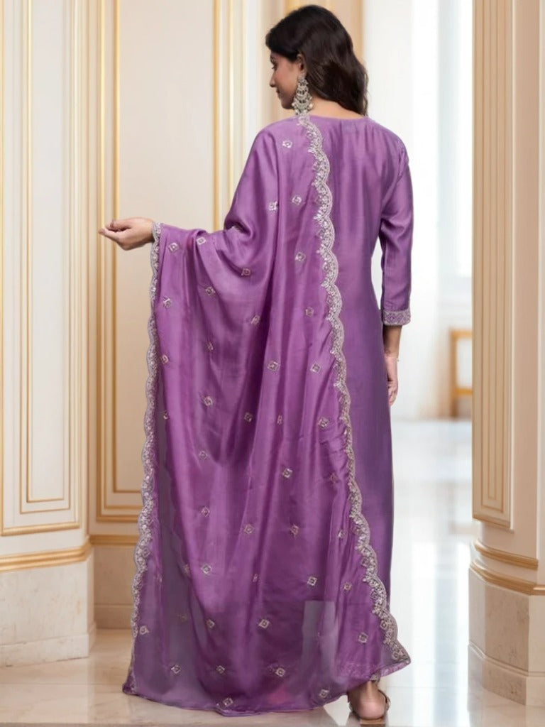 Mauve Lavender Zari Embroidered Kurta Set | Scalloped Silk Dupatta