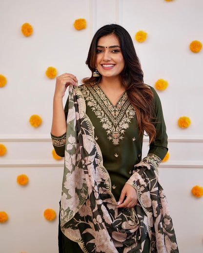 Olive Green Silk Embroidered Kurta Set with Floral Organza Scalloped Dupatta