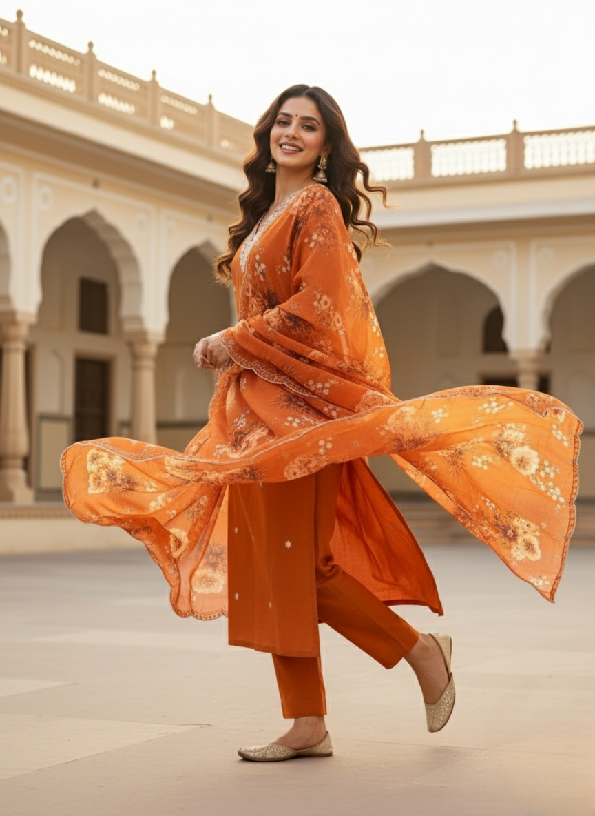 Burnt Orange Embroidered Kurta Set with Floral Organza Dupatta