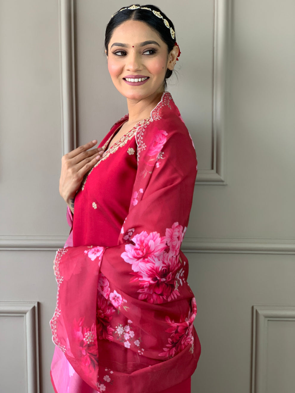 Elegant Rani Pink Festive Salwar Suit with Scalloped Floral Dupatta