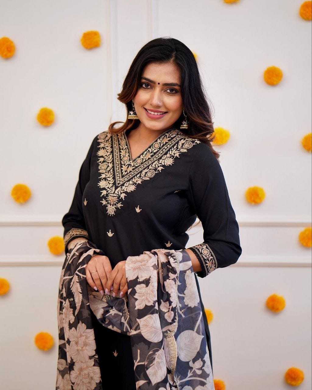 Jet Black Silk Embroidered Kurta Set with Floral Organza Scalloped Dupatta