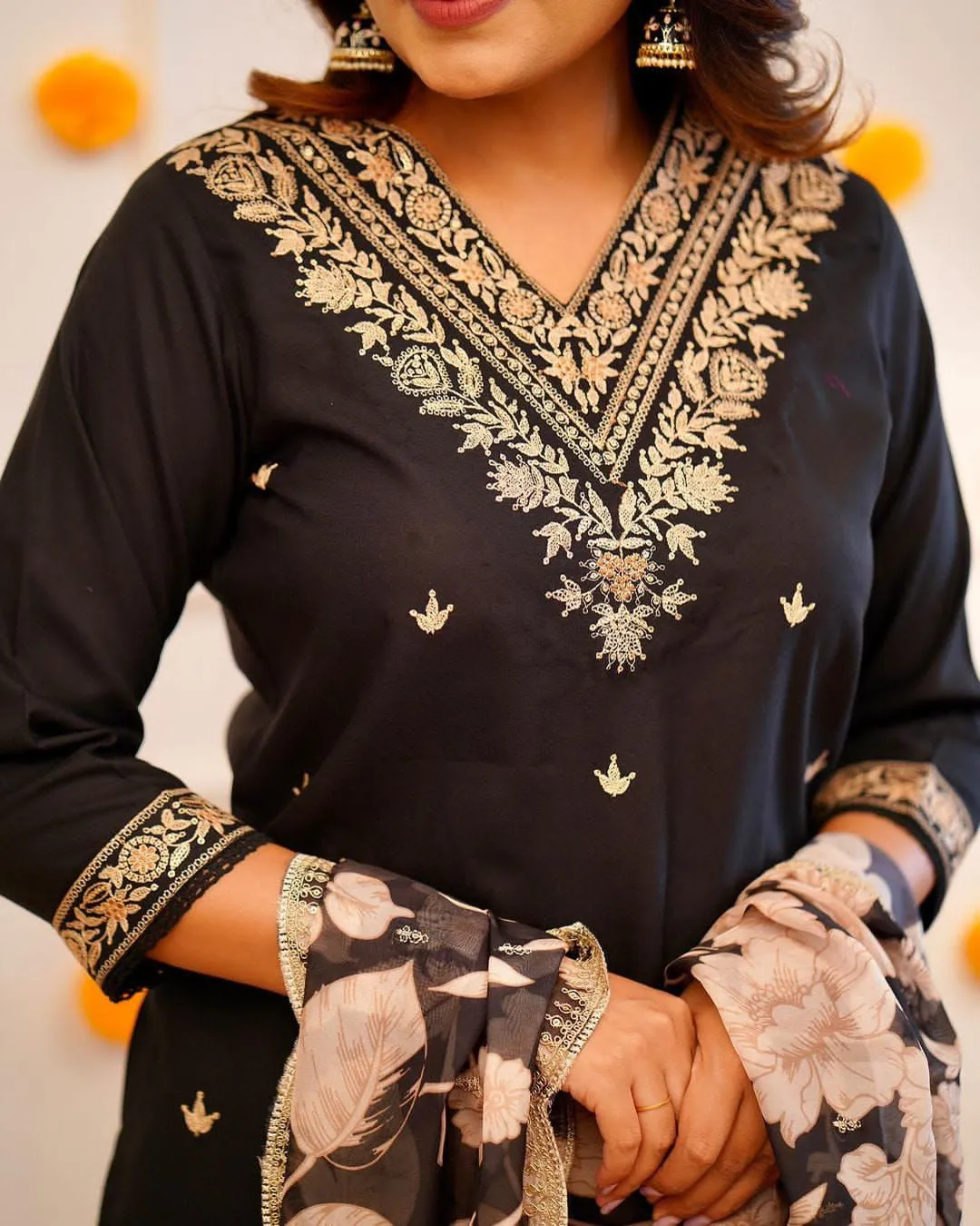 Jet Black Silk Embroidered Kurta Set with Floral Organza Scalloped Dupatta