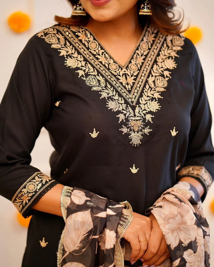 Jet Black Silk Embroidered Kurta Set with Floral Organza Scalloped Dupatta