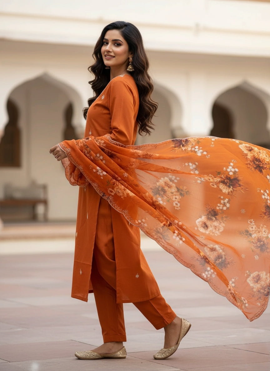 Burnt Orange Embroidered Kurta Set with Floral Organza Dupatta