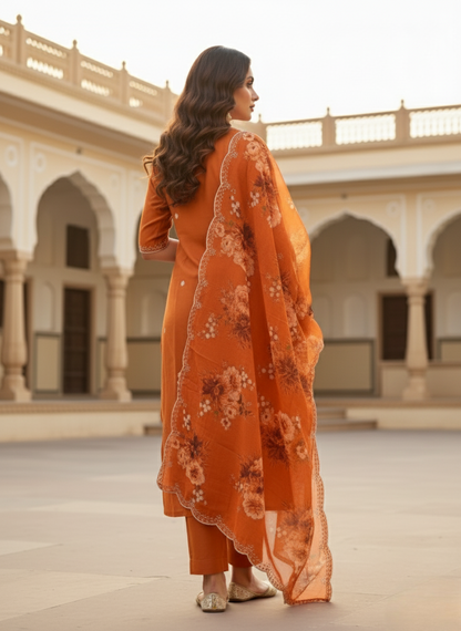 Burnt Orange Embroidered Kurta Set with Floral Organza Dupatta