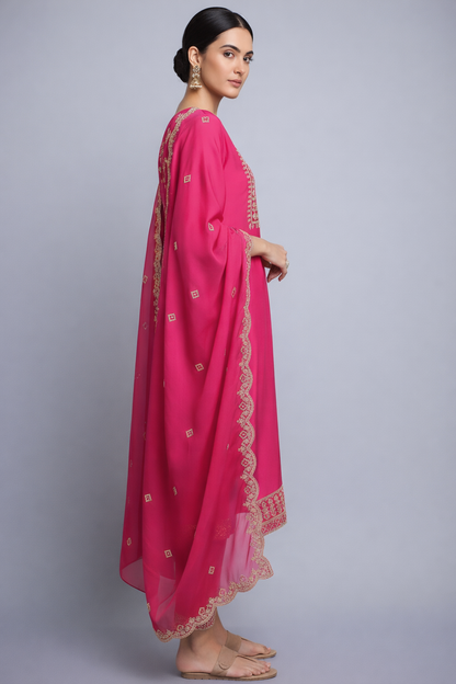 Elegant Pink Silk Embroidered Salwar Suit with Scalloped Dupatta – Sophisticated Ethnic Party Wear for Women