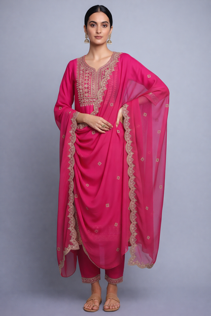 Elegant Pink Silk Embroidered Salwar Suit with Scalloped Dupatta – Sophisticated Ethnic Party Wear for Women
