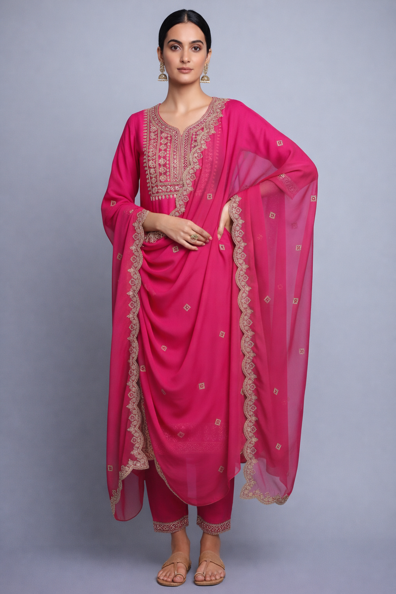 Elegant Pink Silk Embroidered Salwar Suit with Scalloped Dupatta – Sophisticated Ethnic Party Wear for Women