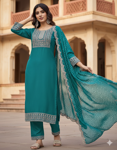 Teal Blue Silk Embroidered Salwar Kameez Set with Scalloped Dupatta – Ethnic Party Wear Suit for Women