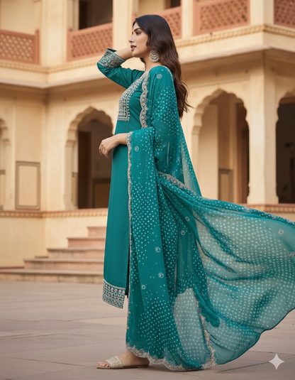 Teal Blue Silk Embroidered Salwar Kameez Set with Scalloped Dupatta – Ethnic Party Wear Suit for Women