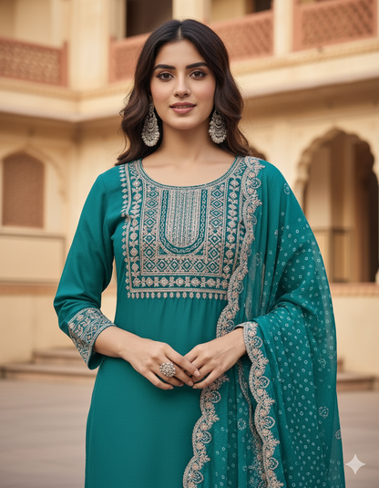 Teal Blue Silk Embroidered Salwar Kameez Set with Scalloped Dupatta – Ethnic Party Wear Suit for Women