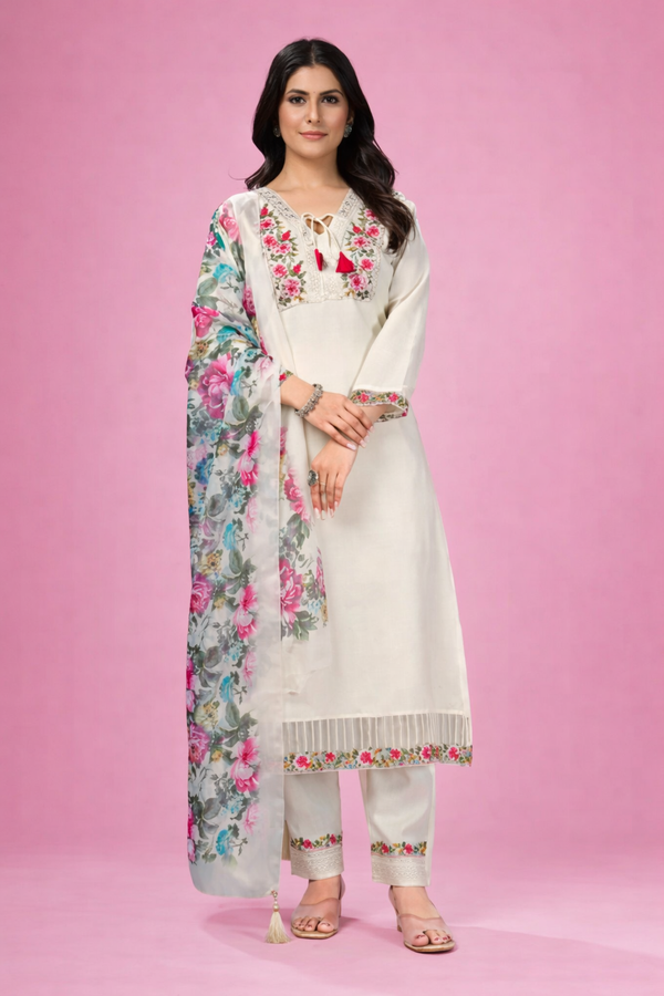 Ivory Silk Blend Salwar Kameez with Floral Embroidery and Digital Print Organza Dupatta Set