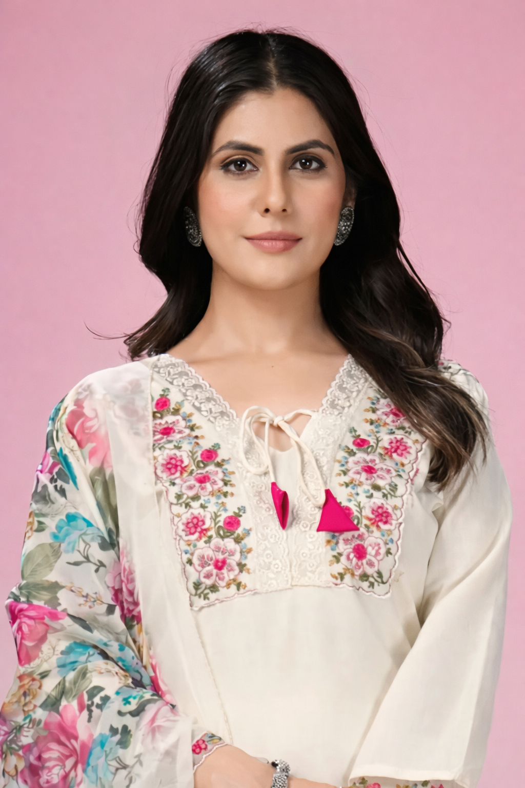 Ivory Silk Blend Salwar Kameez with Floral Embroidery and Digital Print Organza Dupatta Set