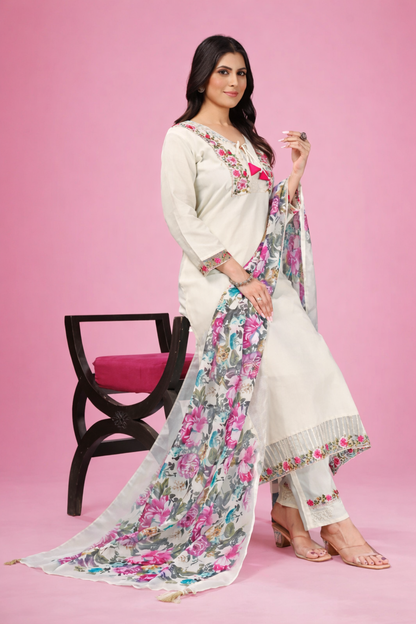 Ivory Silk Blend Salwar Kameez with Floral Embroidery and Digital Print Organza Dupatta Set