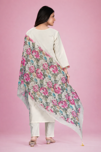 Ivory Silk Blend Salwar Kameez with Floral Embroidery and Digital Print Organza Dupatta Set